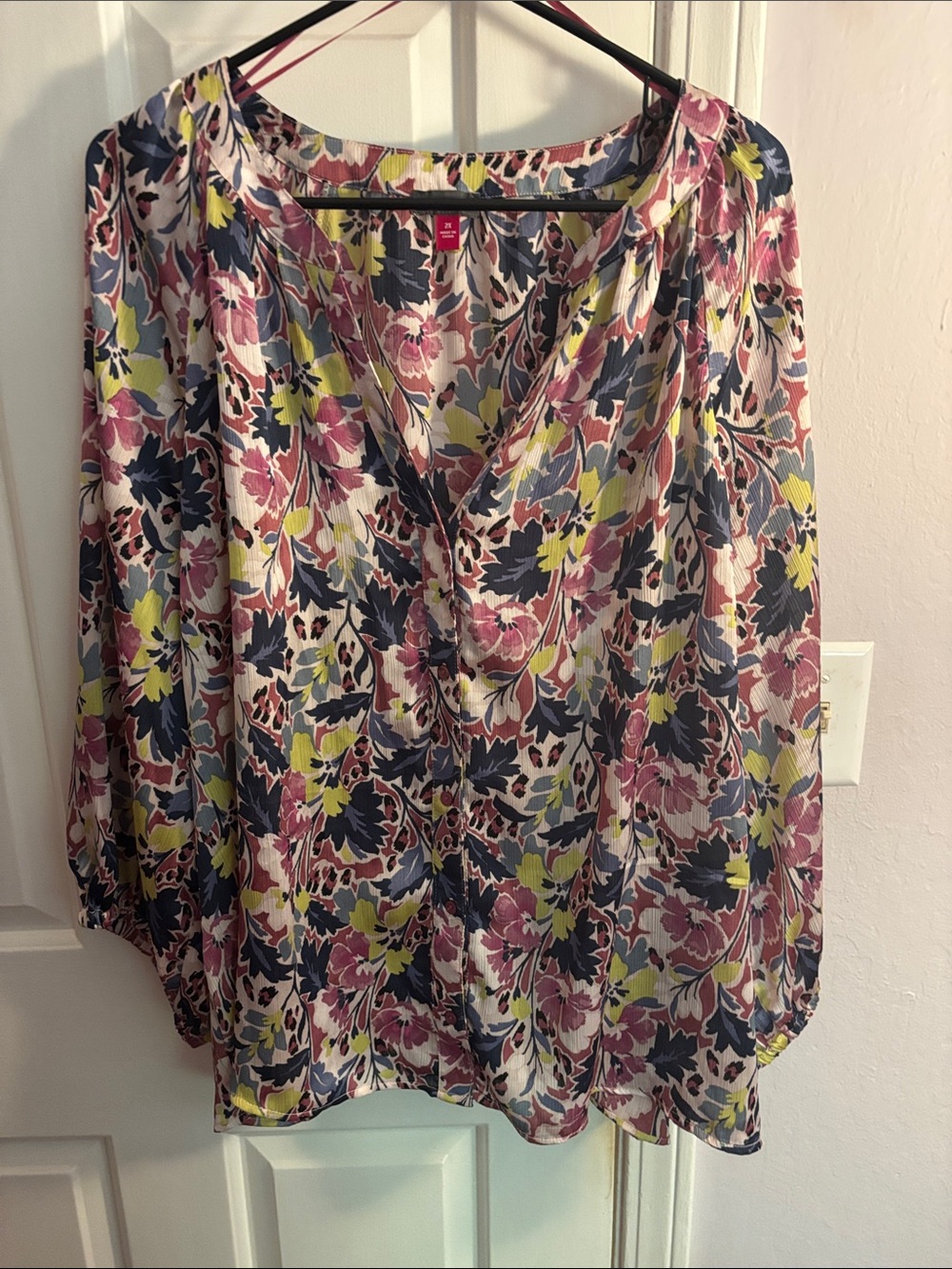 Vince Camuto Floral V-Neck Blouse in Pink, Navy & Lime